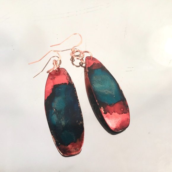 Blue Red Rustic Solid Copper Long Painted Earrings Handmade OOAK Bohemian Hippie - Picture 5 of 11